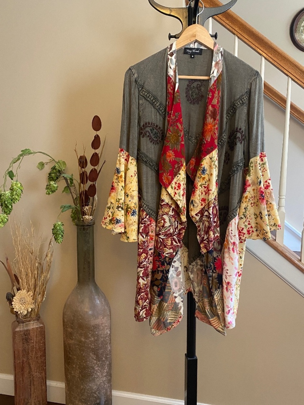 Young Threads Patchwork Bell Sleeves Kimono Multicolor Embroidered Size Medium